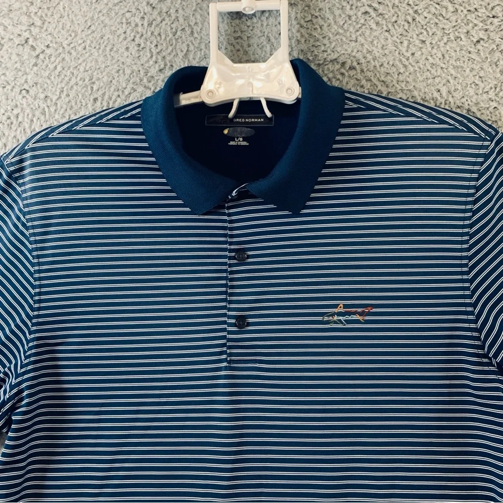 Greg Norman Golf Polo Shirt Men's Short Sleeve‎ Striped Navy White Size L